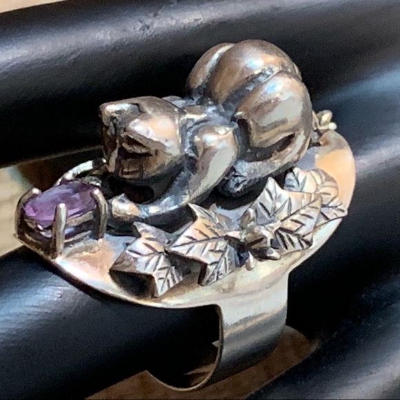 Jewelry - Large 925 Sterling Silver Cat Amethyst Ring